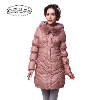 爱美斯罗纹收口袖大毛领修身淑女风羽绒服中长款女A115197 樱红 (XXXL)180/100A