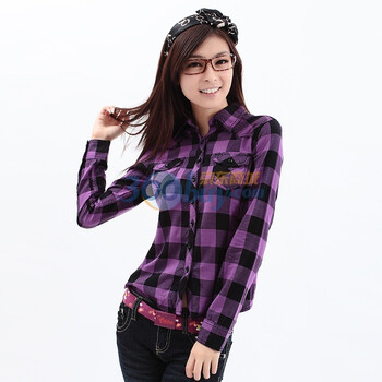 以纯正品 女 秋 休闲格仔多色 长袖衬衫 10324181 原129 紫色 XL