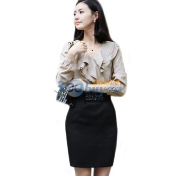 尚贵华2011新秋款韩版拼接修身荷叶边长袖连衣裙子 杏色 L