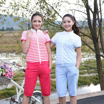 睦隆世家 家居服2012夏款新款女士条纹拉链立领短袖五分短裤运动休闲套装 81346 亮红 女款XL(170/100)