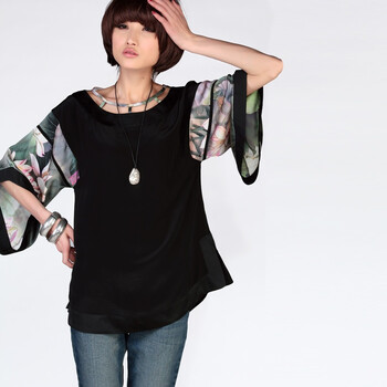 裂帛 2011新 纯真丝荷花宽袖上衣 怡裳 2077 黑色 M'