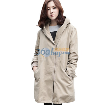 韩都衣舍 韩国风衣春季新品女时尚纯色带帽风衣JS1109 卡其色 均码