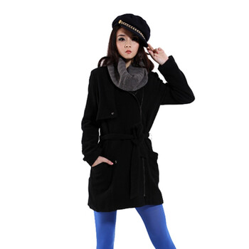 kitterick女装 2011冬 斜拉链门襟 腰带装饰外套 风衣大衣LAXSO02 黑色 L