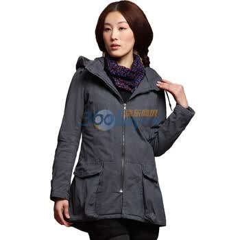 茵曼 INMAN 新款连衣帽长款军装式棉衣 JC20089 浅灰色 XL