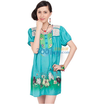 Tomnrabbit 棉麻圆领短袖民族宽松连衣裙 TQ4084 绿色 均码