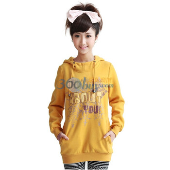 新珑新 SLS 新款春装女休闲烫钻套头中长款抓绒连帽卫衣12007 土黄 XL