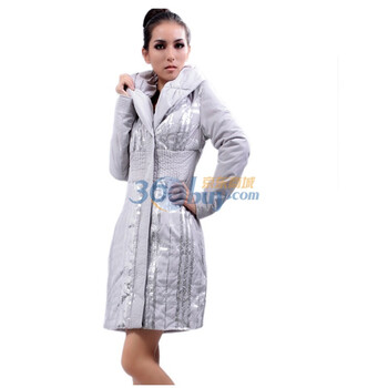 爱约/AIYOR 2011冬季女装 珠片布 大翻领 长款棉衣/棉服外套0821 浅灰色 XL