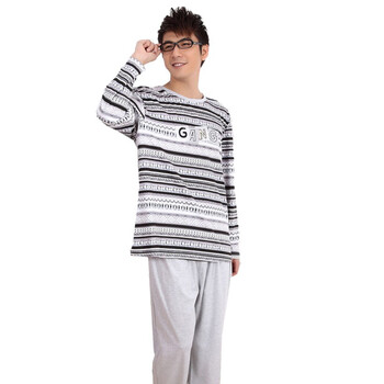 好家猫 春季新款条纹棉质男士圆领睡衣HJM108A 灰色 XXL