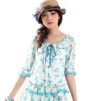 Nemow南梦2012春装新款蕾丝七分袖碎花雪纺衫A1A044 蓝色 M'