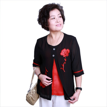 新橙美依中老年女装春秋装时尚妈妈装新款假两件套6089 黑色 5XL