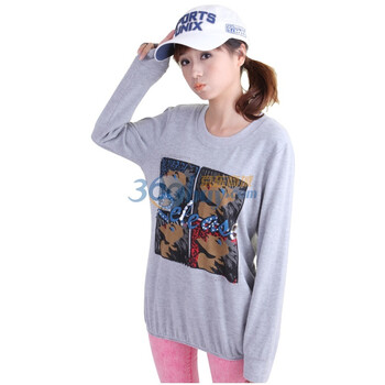 新珑新 slomsin 韩版卡通图案长袖女款T恤圆领打底衫9118 花灰 M
