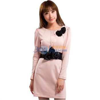 妮蕾迪 韩版女装修身针织连衣裙配腰带9875 粉红 XL