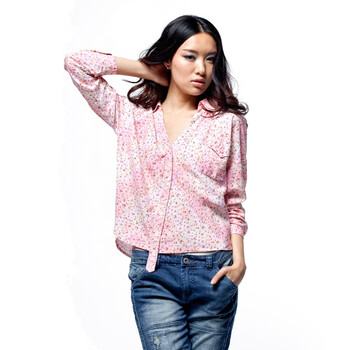 KAMA卡玛 女式小碎花前短后长长袖衬衫7112871 粉色 XL