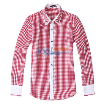 笛凡 DF新品 春夏装新款 新春新款 韩版休闲细格子棉袖衬衫 红色 XXL