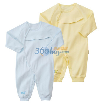 贝贝怡 婴儿连体衣春夏宝宝爬爬服哈衣 幼儿衣服侧开扣加围嘴内衣2件组合装 2J128 淡蓝和淡黄 18个月/身高86