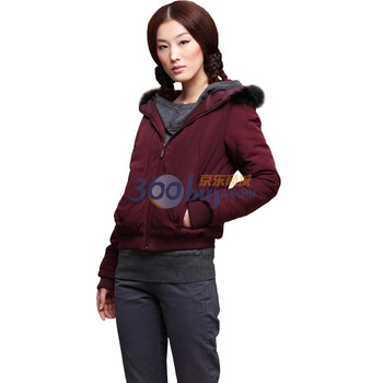 茵曼 Inman 柔软光感带帽棉衣JC20023 酒红色 XXL