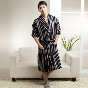 荻嘉茂 2011秋冬新款 珊瑚绒条纹睡袍/浴袍 1113 灰色 XXL