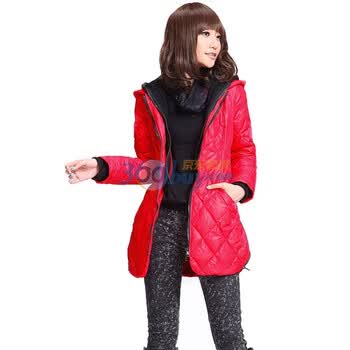 玛丽琨龙 冬装大码女款连帽修身厚长款羽绒服羽绒衣大红色XXL