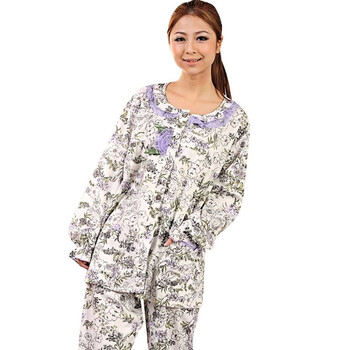 好家猫 韩版新款蕾丝小花棉质套装女士家居服HJM1386 米白色 XL
