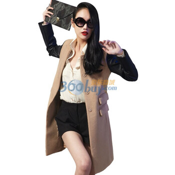 拉维亚 2011新款女装 欧美风拼皮修身外套 奢华毛呢大衣风衣WW01卡其色L