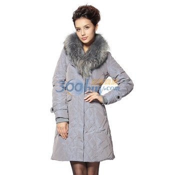 新款清仓貉子毛领淑女收腰中长款羽绒服ams1077 浅灰色 (L)165/88A