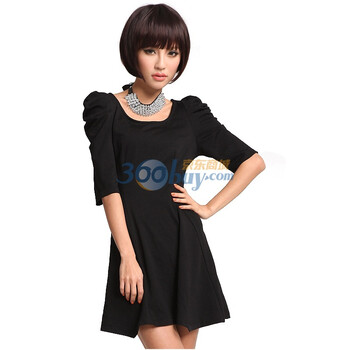 茵佳妮 Incolour 连衣裙 2012 春夏 女装 新品 泡泡袖 圆领 连衣裙 5122-1800189 黑色 L