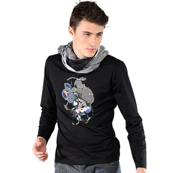 2AM2011秋季新品 时尚抽象图案印花长袖休闲T恤4113131169 黑色 54/XXL