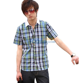 奥派阿西男装 春装新款 韩版尖领格子纯棉修身衬衣衬衫 男士 00302 绿色 XL