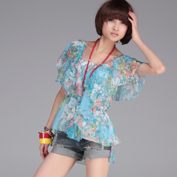 裂帛2011新女装雪纺蝴蝶袖不规则雪纺衫 沧海蝶2564 花色 L'