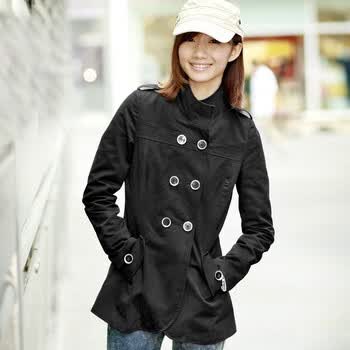 言若 2012新品韩版竖领亮银圈双排扣修身风衣女装 LC100769 黑色 M
