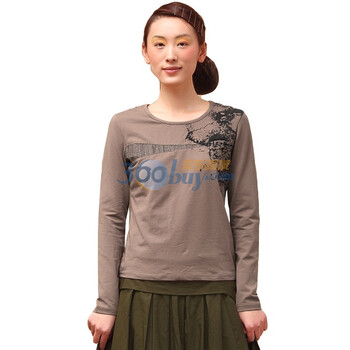 茵曼 INMAN 2012春装新款不对称拼接梭织印花长袖T恤女 821022130 咖啡色 xxl