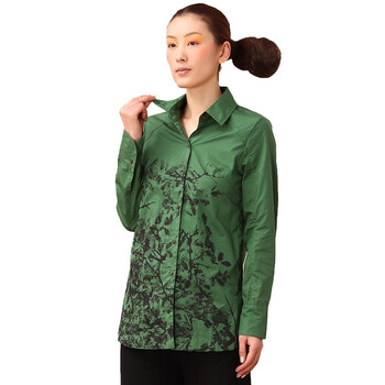 茵曼INMAN 2012春装新款翻领印花长袖中长款纯棉女衬衫821011157 绿色 XXL