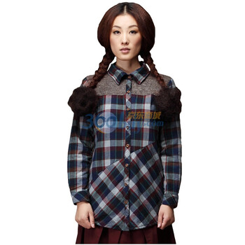 茵曼 INMAN 2011冬装新款斜分割拼接加厚夹棉衬衣 B10168 蓝色 XXL