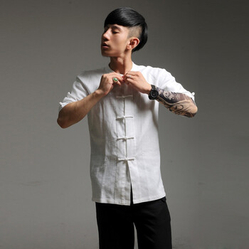 柒唐 潮男唐服POLO衫短袖 亚麻T恤中国风原创设计52 白色 XL