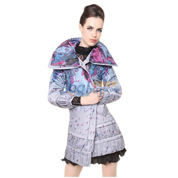 爱约/AIYOR 2011冬季新款女装 欧美印花大翻领 中长款棉衣0819浅灰色XL