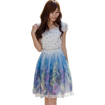 妮蕾迪 2012夏装新款碎花雪纺渐变连衣裙9003 蓝色 XXL
