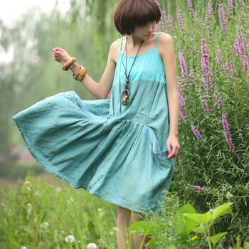 裂帛2011新夏装撞色大兜绣花 吊带连衣裙 夏末4661 蓝色 M