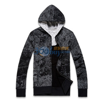 格瑞吉奥Congrazio 2012春新款 修身时尚印花连帽开衫卫衣 男811813005-1 黑色 L
