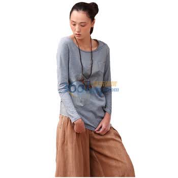 茵曼 INMAN 2012春装新款不对称领拼色中长款纯棉T恤女 821021038 灰色 xxl