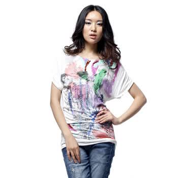KAMA卡玛 女式一字领亮片印花T恤6215591 白色 XL