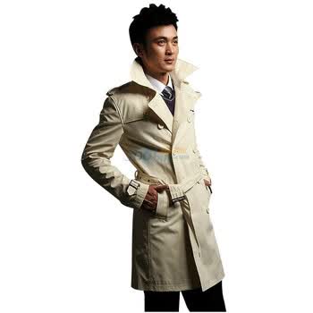 【V3 MAN】全棉双排扣修身中长款型男风衣3103米色185/100A（54）