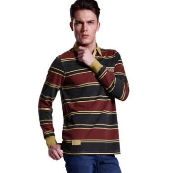 【FEEL MIND】男装休闲户外风格洗水条纹长袖POLO（11-12506） 红色 XL