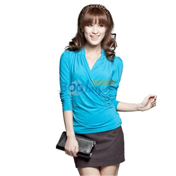 百依秀子 韩版女装弹力水晶麻优质打底衫2012-B194 蓝色 XL