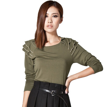 Cslr城市俪人冬装新款女装荷叶边低领长袖T恤CA2KB9KE04 军绿色49 XL