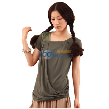 茵曼INMAN 2012夏装新款撞色抽褶修身短袖女针织T恤822022316 绿色 XL