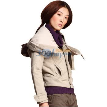 Inman茵曼2011冬新款大翻领拉链搭门短款棉衣JC20090 杏色 L