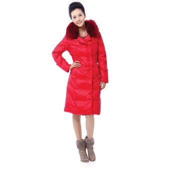 2011 新品 雅鹿 女士双排扣貉子毛大翻领长款羽绒服 ^@^YM10780 明红 165/92B(L)