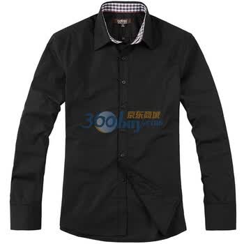 OWENWONG咖飞 男修身方领韩版时尚休闲纯色长袖衬衫 WF11C025 09黑色 XXL
