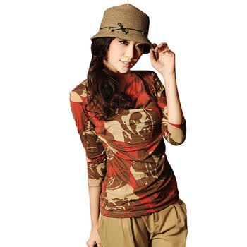衣香丽影2012春装新品 淑女修身荡领迷彩打底T恤1131051 枣红色(15) XL