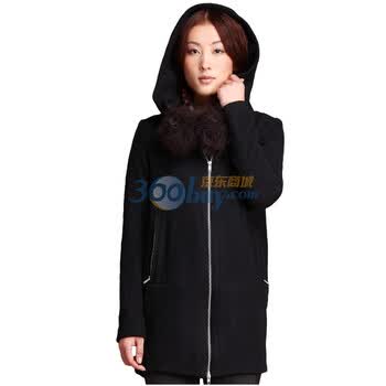 茵曼 INMAN 2011冬装新款连帽分割呢料中长款外套 821082126 黑色 XL